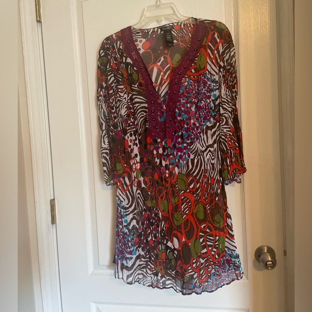 Bisou Bisou Multicolor V-Neck Printed Tunic with Purple Trim
